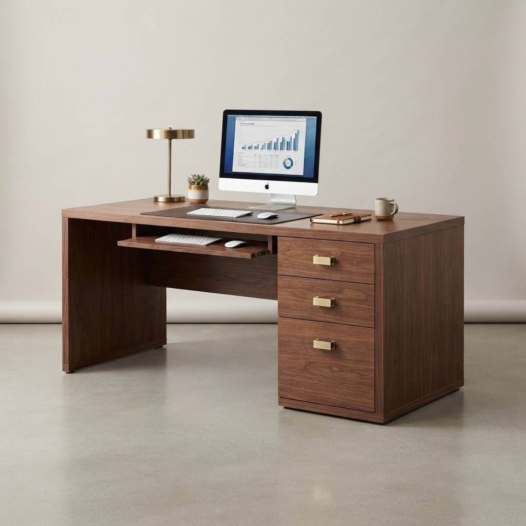 Chatham walnut executive desk with brass drawer pulls in a bright home office